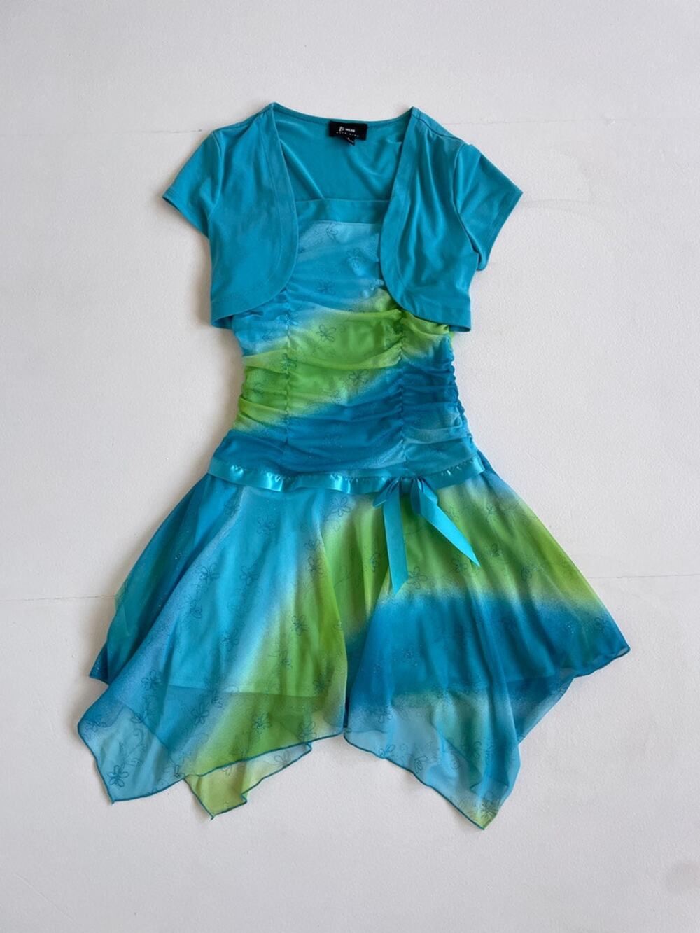 Vtg Y2K Green Blue Tiered Fairy Dress · B Wear Byer Girl · Sz 14 · 2000s Whimsy